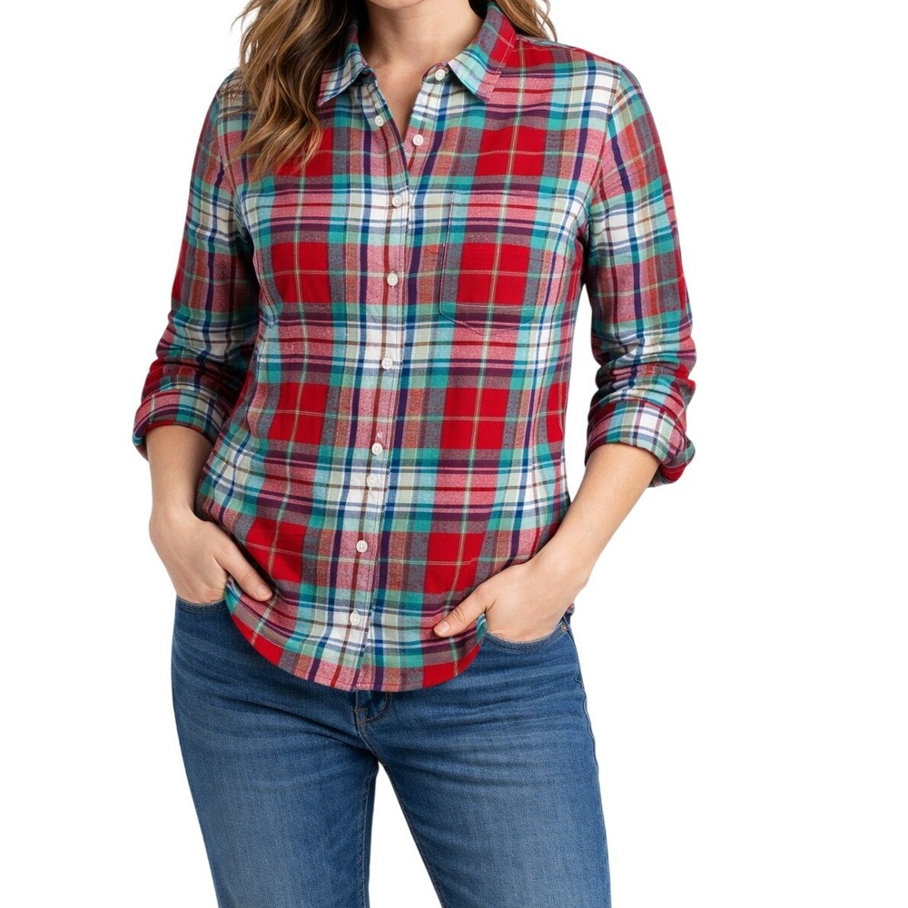 Lands' End Flannel Shirt Women Size 10T Red Teal Plaid Long Sleeve Button Down